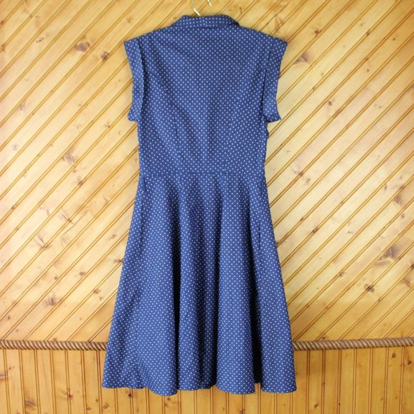 Annie 50 Cotton Dress Button Down Fit and Flare XS Navy Blue White Polka Dot D93 - Picture 5 of 12